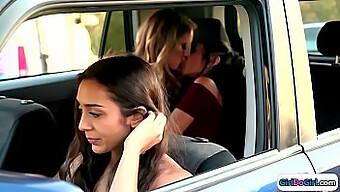 Lilly Hall And Candice Dare Kiss In The Backseat While Being Driven By A Man