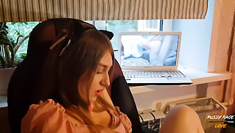 A Young Woman Indulges In Solo Play While Watching Her Favorite Porn, With A Deep Throat Facial Finish