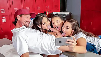 Three Busty Brunettes Engage In A Steamy Encounter In The Locker Room